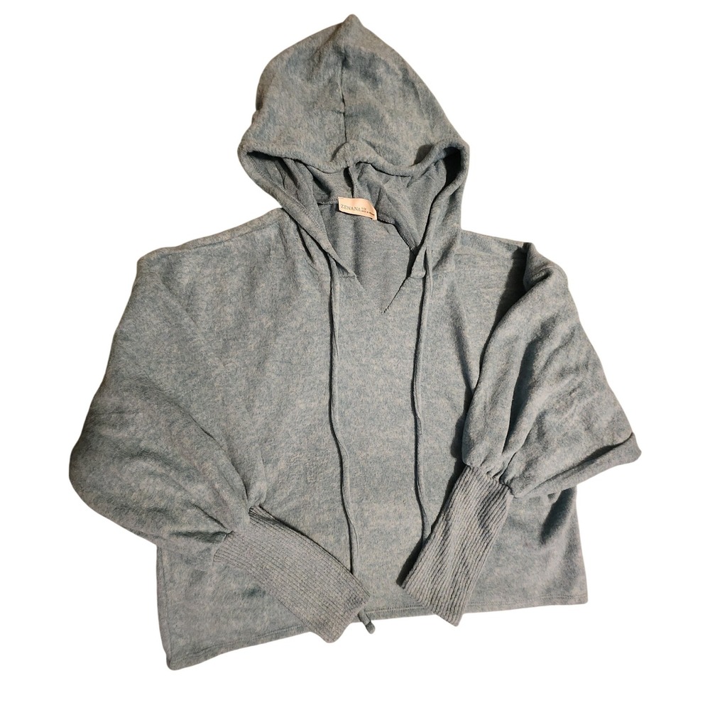 ZENANA Womens Hoodie Pullover Top Blue Drawstring S/M Knit Cropped‎